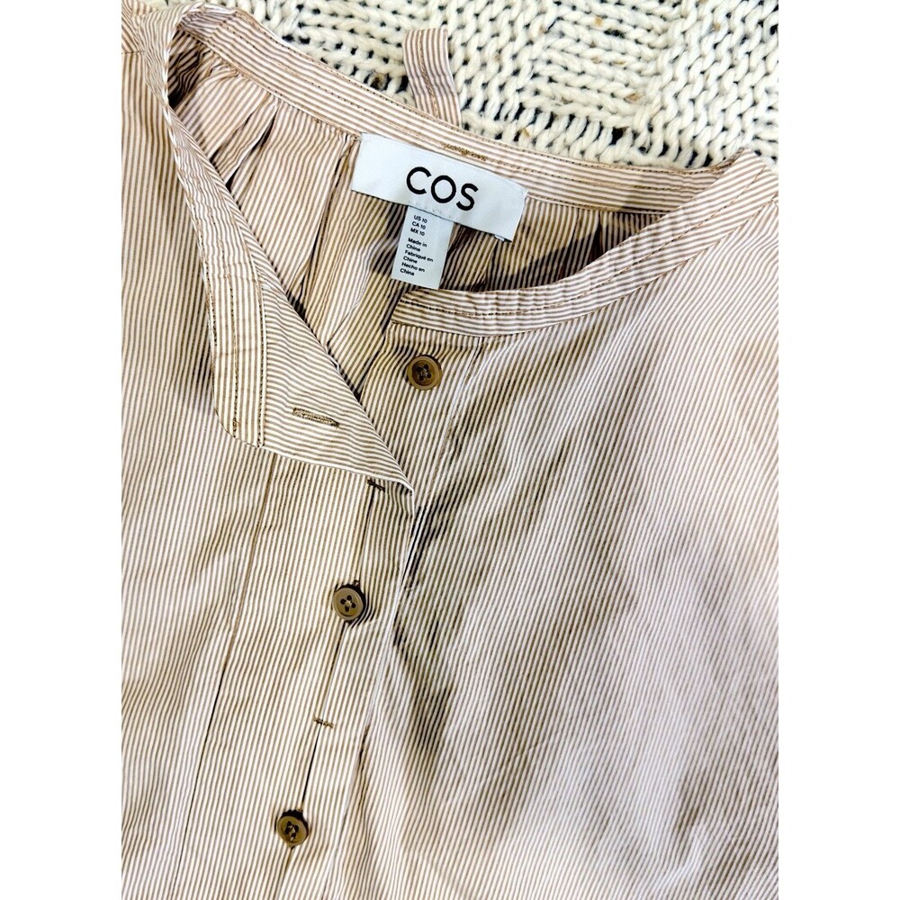 COS Women US 10 Pinstripe Cotton Tunic Blouse Balloon Sleeve Oversized Beige - Picture 6 of 10